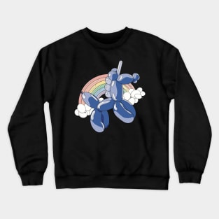 A light and dark blue unicorn balloon with a ballon rainbow and balloon clouds behind it. Crewneck Sweatshirt